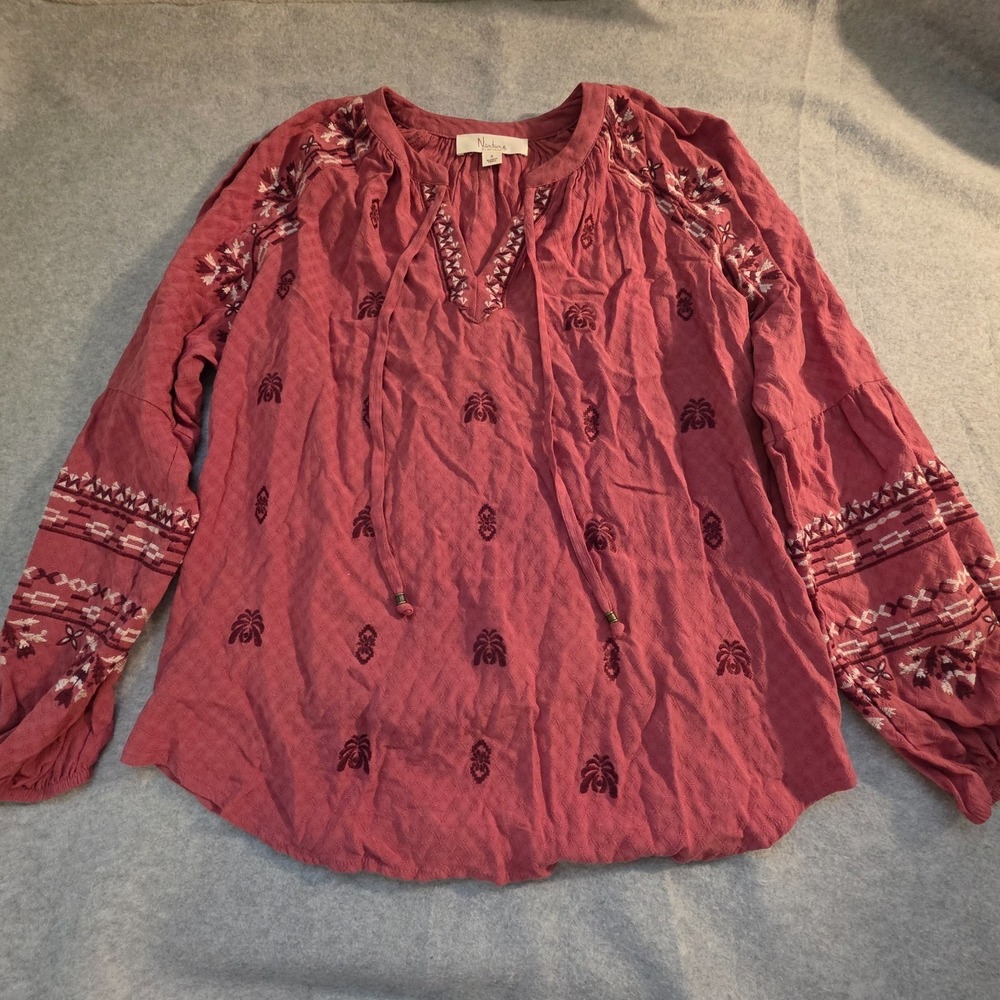 Nurture by Westbound‎ Top Women's Small Mauve Embroidered Boho Peasant Blouse
